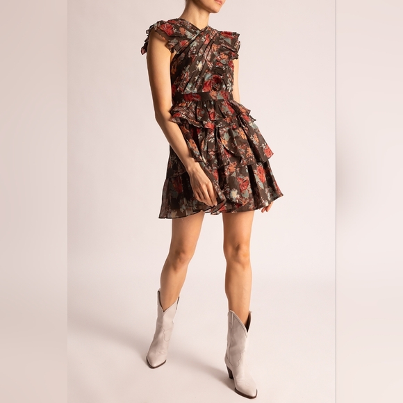 Ulla Johnson Sarafina Floral Ruffled Mini Dress in Fern - Picture 1 of 13
